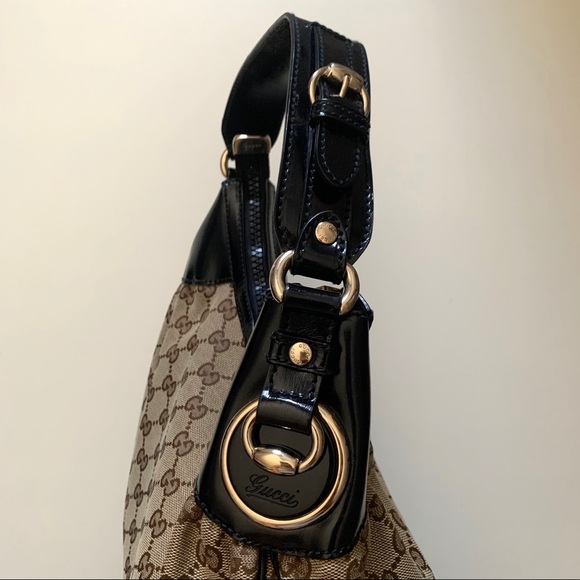 GUCCI BAG - Beige canvas with black patent leather - Picture 3 of 8